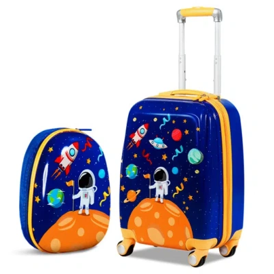 Costway 2pc Kids Luggage Set Rolling Suitcase & Backpack-navy In Blue