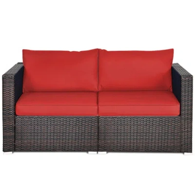 Costway 2pcs Patio Rattan Sectional Conversation Sofa Set-red In Brown
