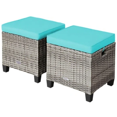 Costway 2pcs Patio Rattan Wicker Ottoman Seat With Removable Cushions-turquoise In Blue