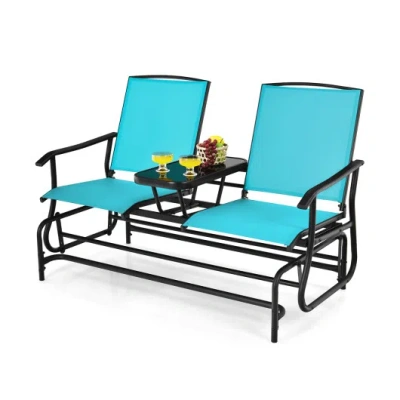 Costway 2-person Double Rocking Loveseat With Mesh Fabric And Center Tempered Glass Table-turquoise In Blue