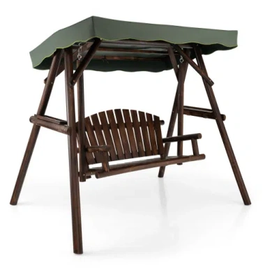 Costway 2-person Outdoor Wooden Porch Swing With An Adjustable Canopy In Brown