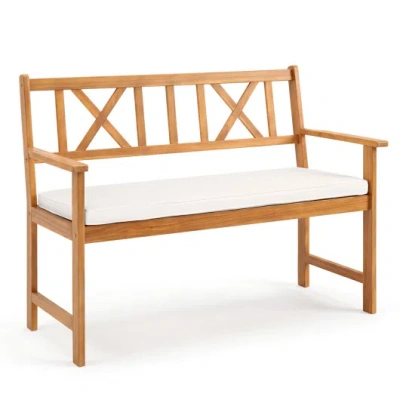Costway 2-person Patio Acacia Wood Garden Chair With Removable Seat Cushion-natural & White In Brown