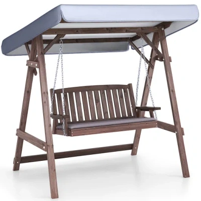 Costway 2-person Porch Swing With Fir Wood Stand And Tilt Canopy-brown