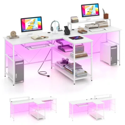 Costway 2-person Reversible Computer Desk Long Office Desk With Led Lights-white In Multi