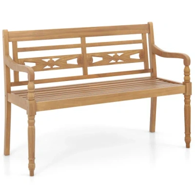 Costway 2-person Teak Wood Patio Bench With Wide Backrest And Curved Armrests In Brown