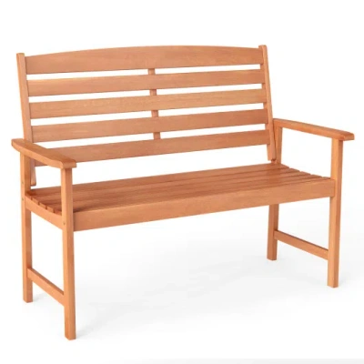 Costway 2-person Wooden Garden Bench With Slatted Backrest And Comfortable Armrests In Brown
