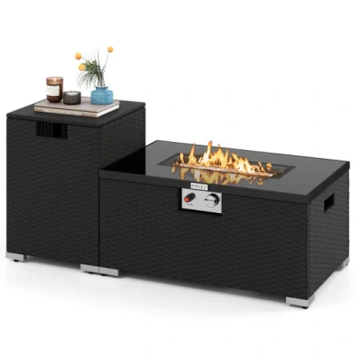 Costway 2-piece Outdoor Rattan Fire Table Set 32 Inch Rectangle Gas Firepit With Tank Cover-black