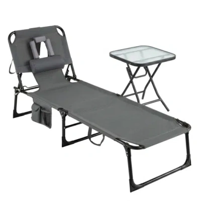 Costway 2-piece Outdoor Tanning Chair And Patio Side Table Set With Folding Lounge Chair And Square Bistro T In Gray
