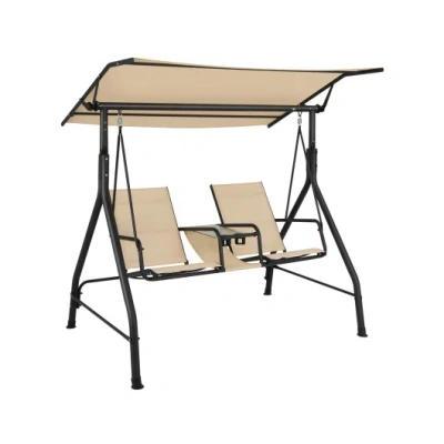 Costway 2-seat Outdoor Cushioned Porch Swing With Adjustable Canopy And Tempered Glass Table-beige In Multi