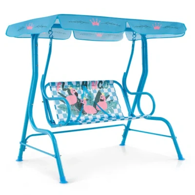 Costway 2-seater Kids Patio Swing With Metal Stand And Adjustable Canopy-navy In Blue
