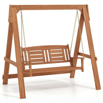 Costway 2-seater Porch Swing With Stand Adjustable Chains In Brown