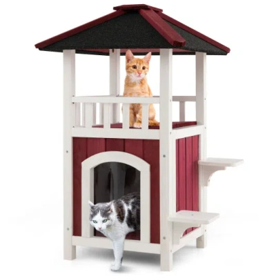 Costway 2-story Wooden Cat House With Asphalt Roof Balcony And Rain Curtain-red & White