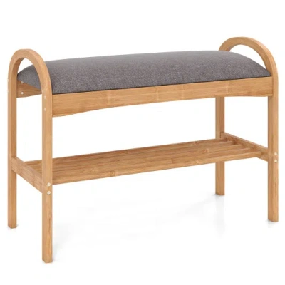 Costway 2-tier Bamboo Shoe Bench With Padded Cushion And Shelf-gray In Multi