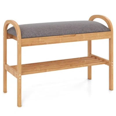 Costway 2-tier Bamboo Shoe Bench With Storage And Padded Cushion-gray In Brown