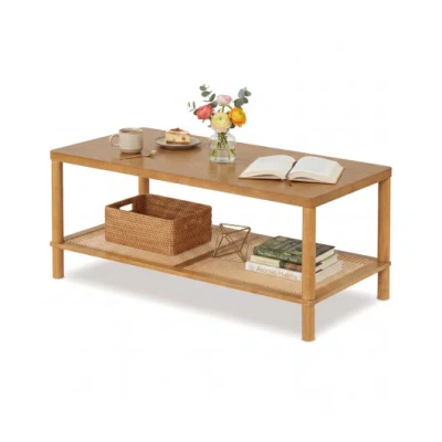 Costway 2-tier Boho Coffee Table For Living Room Rectangular Center Table With Rubber Wood Frame And Pvc Rat In Brown