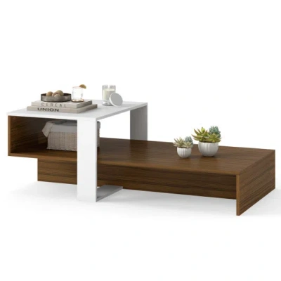 Costway 2-tier Coffee Table Modern Irregular Center Table With Open Storage Shelf-white & Brown