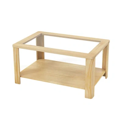 Costway 2-tier Coffee Table Rectangular Center Table With Tempered Glass Tabletop And Storage Shelf-natural In Brown