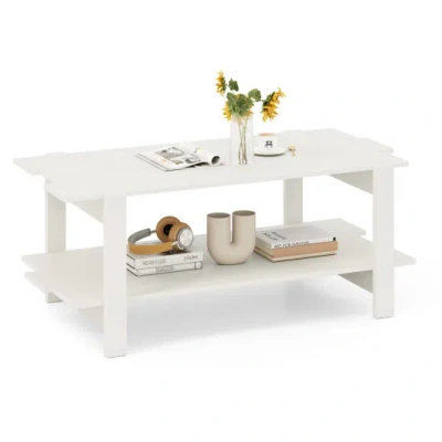 Costway 2-tier Coffee Table Slatted Wood Center Table With Storage Shelf-white