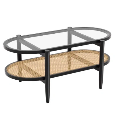 Costway 2-tier Coffee Table With Tempered Glass Tabletop And Acacia Wood Frame-black In Multi