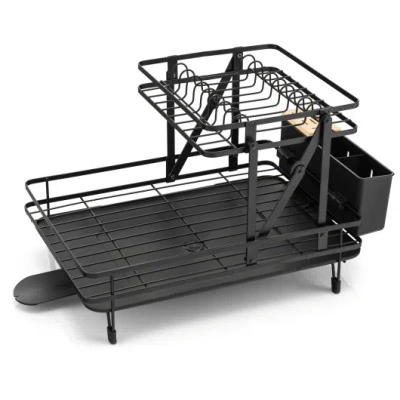 Costway 2-tier Collapsible Dish Rack With Removable Drip Tray In Black