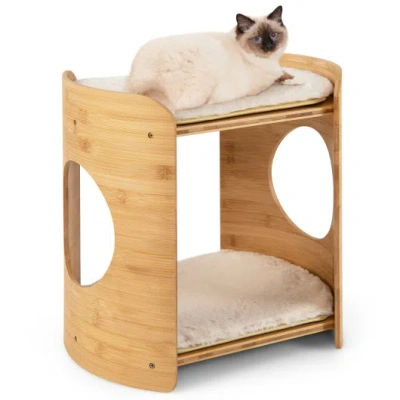 Costway 2-tier Cute Small Cat Tree For Indoor Cats With Natural Bamboo Frame-beige In Brown