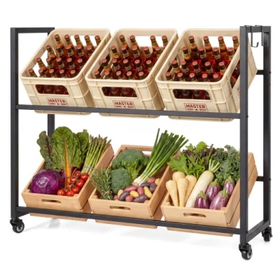 Costway 2-tier Drink Crate Rack With 4 Universal Wheels For Beer And Water Kitchen And Bar-black In Multi