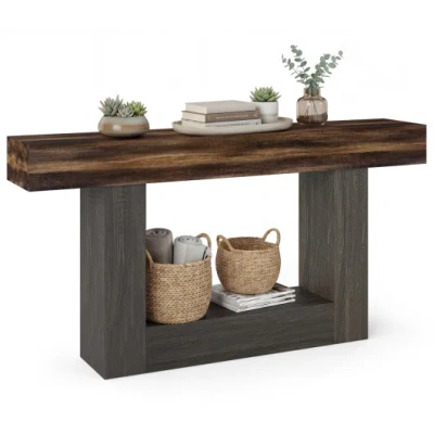 Costway 2-tier Farmhouse Console Table 63" Long With Storage Shelf-rustic Brown In Gray