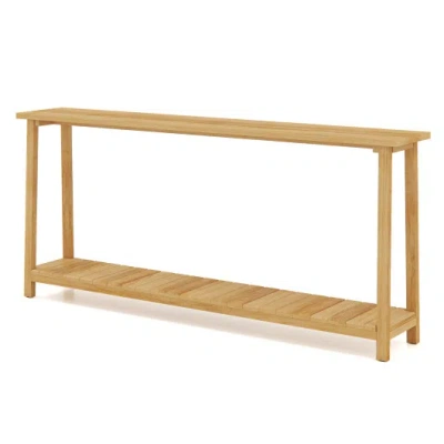 Costway 2-tier Farmhouse Sofa Table With Teak Wood Frame And Storage Shelf In Brown