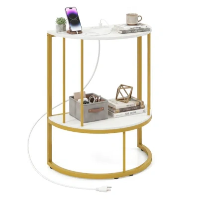 Costway 2-tier Half Moon Console Table With Power Outlets And Storage Shel For Hallway-white