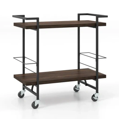 Costway 2-tier Home Bar Cart With Lockable Wheels And Heavy-duty Metal Frame-rustic Brown