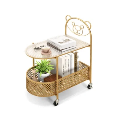 Costway 2-tier Mobile Glass Coffee Table With Bear Pattern-golden In Brown