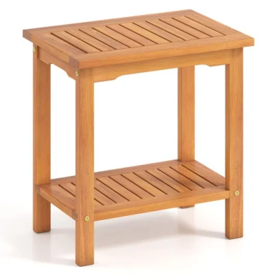 Costway 2-tier Outdoor Acacia Wood Side Table With Slatted Tabletop And Storage Shelf In Brown