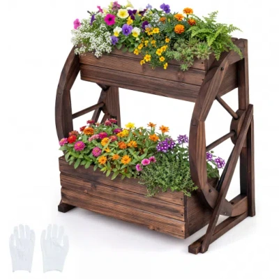 Costway 2-tier Raised Garden Bed Rustic Wood Wagon Planter With Drainage Holes And Semi-wheels-coffee In Brown