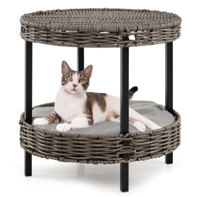 Costway 2-tier Rattan Cat Nest With Removable Padded Cushion-gray
