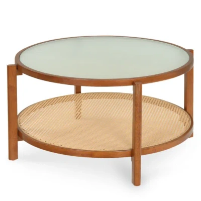 Costway 2-tier Rattan Coffee Table With Frosted Tempered Glass Top And Wood Legs-walnut In Brown