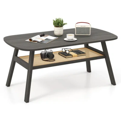 Costway 2-tier Rectangular Center Coffee Table With Rattan Storage Shelf And Rubber Wood Legs-dark Gray In Black