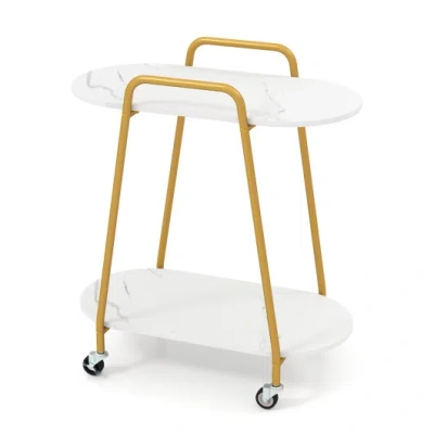 Costway 2-tier Rolling End Table With Faux Marble Surfaces For Small Spaces-white