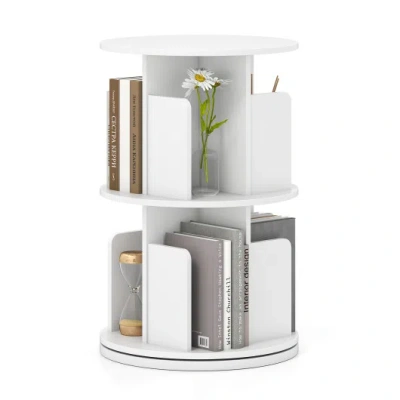 Costway 2-tier Rotating Bookshelf With Dividers And Anti-falling Baffles-white In Gray