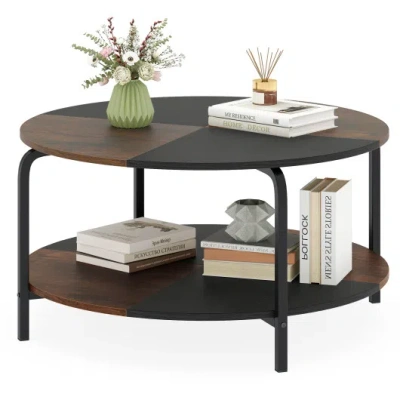 Costway 2-tier Round Coffee Table Metal Frame With Storage Shelf-rustic Brown
