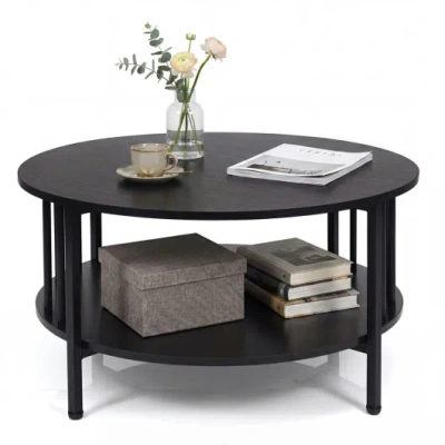 Costway 2-tier Round Coffee Table With Storage Shelf And Metal Accents In Black Walnut-black