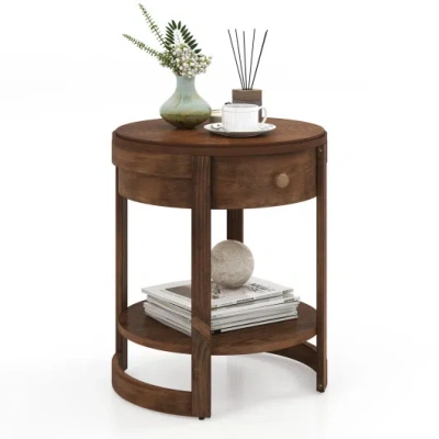 Costway 2-tier Round End Table Mid Century Modern Nightstand With Drawer And Shelf In Multi
