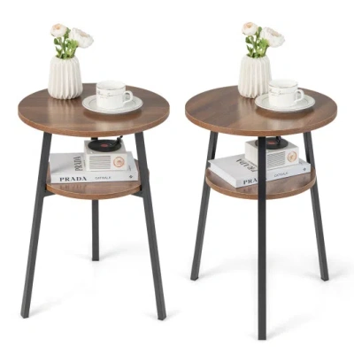 Costway 2-tier Round End Table Set Of 2 With Open Shelf And Triangular Metal Frame-walnut In Multi