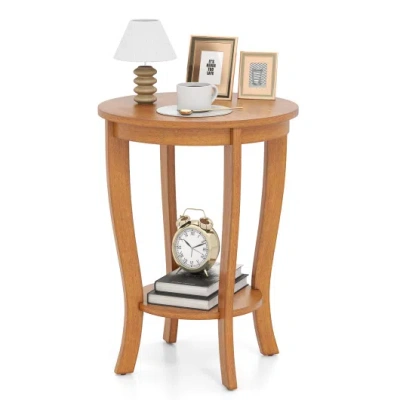 Costway 2-tier Round End Table With Solid Wood Legs-natural In Brown