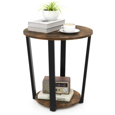 Costway 2-tier Round End Table With Storage Shelf And Metal Frame-brown