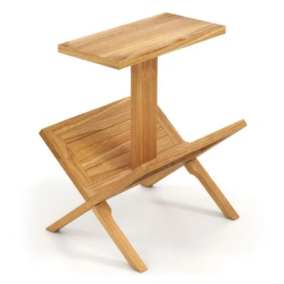Costway 2-tier Side Table Magazine Rack With Teak Wood Frame In Brown