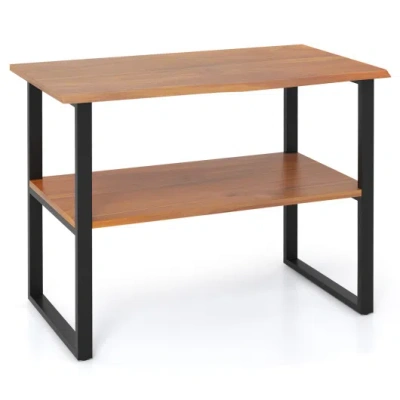Costway 2-tier Teak Wood End Table Sofa Side For Living Room Hallway Laundry In Brown