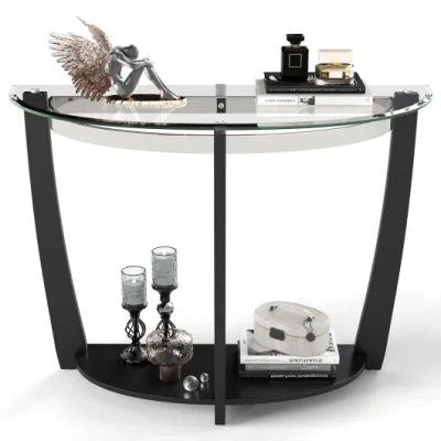 Costway 2-tier Tempered Glass Console Table With Clear Glass Top And Open Shelf-black