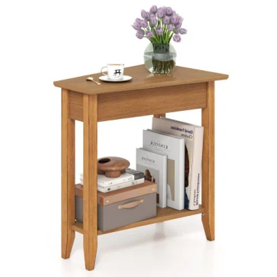Costway 2-tier Wedge Narrow End Table With Storage Shelf And Solid Wood Legs-walnut In Brown