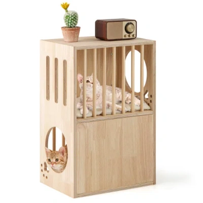 Costway 2-tier Wooden Cat Condo Indoor Symmetrical Cat House With Removable Cushions In Brown