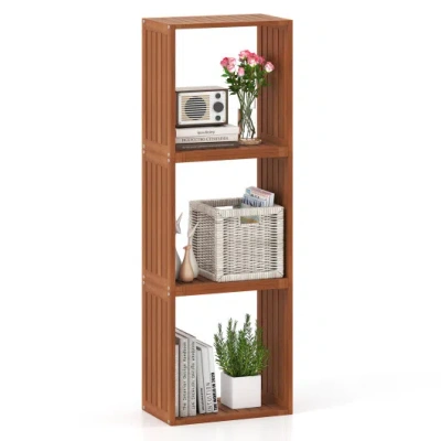 Costway 3 Cube Bookcases Solid Wood Stacking Storage Organizers With Open Slatted Design In Brown